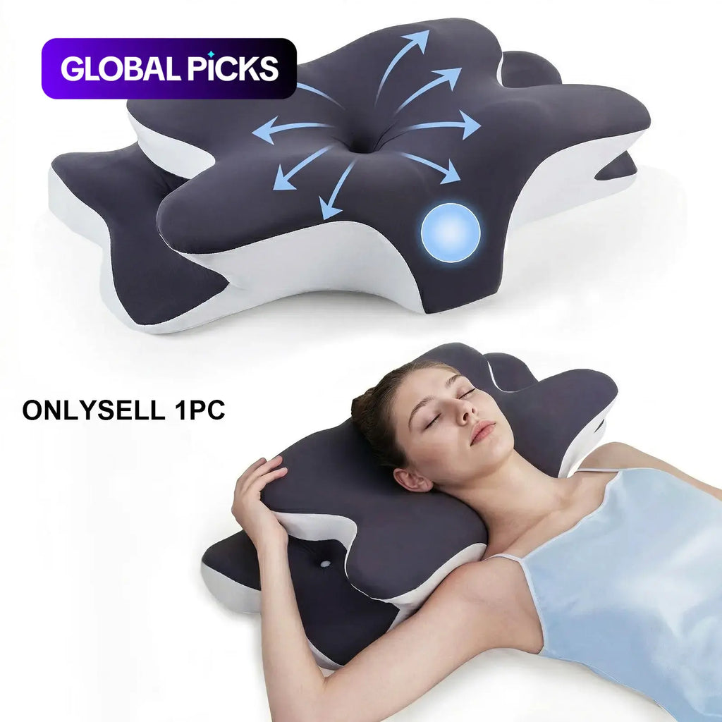 Double-Sided Contoured Neck Pillow, Supportive Memory Foam with Cooling Cover, Zoned Design, and Extra-Large Armrest for Side, Stomach, and Back Sleepers #GLOBAL PICKS