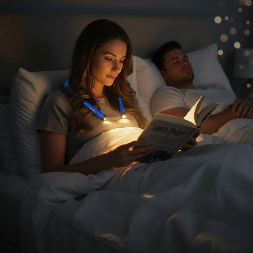 Woman reading at night with neck light - 1:1